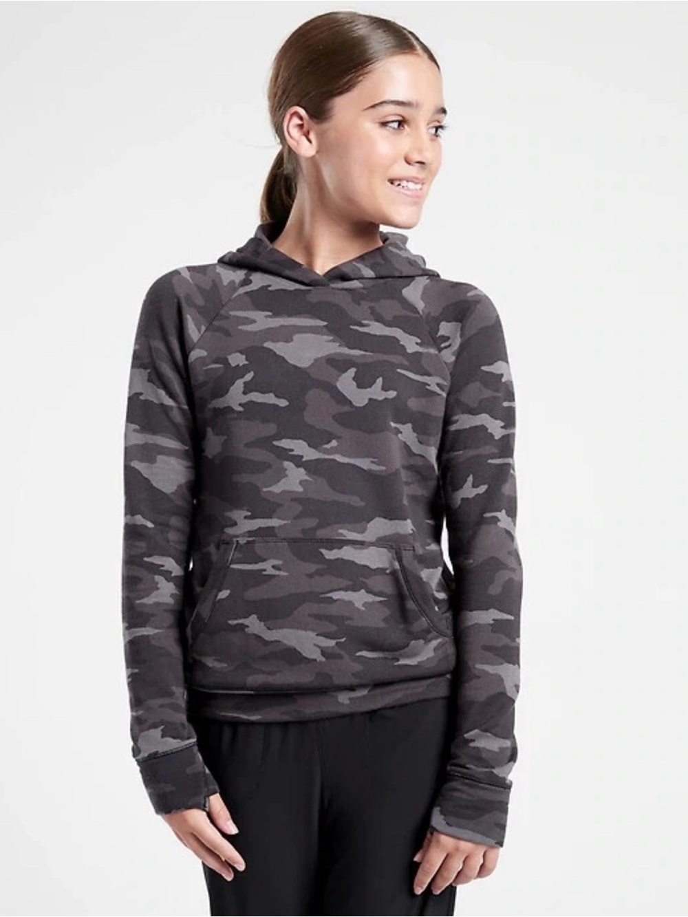 Athleta Girl In Your Element Hoodie 2.0 Dark Gray and Black Camouflage Size 8/10
